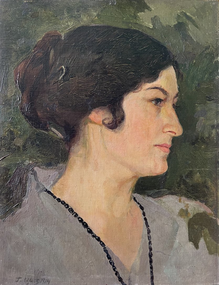 Портрет Агнеси Володимирівни Золотницької. 1914. Папір на картоні, олія. 40,5х31,7 На звороті напис: «Г.И. Цысс Женский портрет» Походження: Придбано у Полтаві у 1947 р. (Ж-160)
