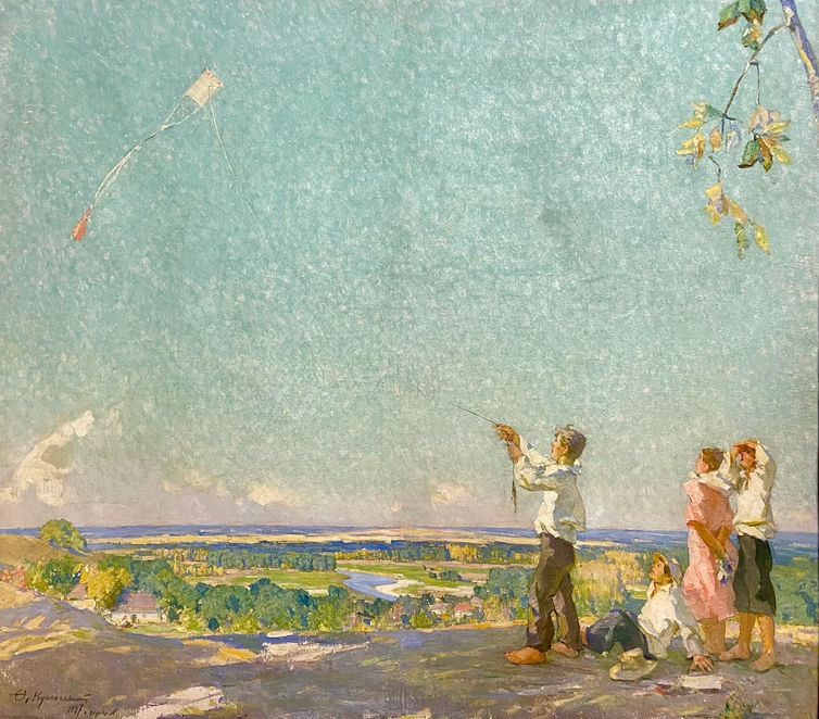 Запускають змія. 1947 р. Полотно, олія 69,8х70,3. Унизу ліворуч «Ф. Кричевський Ірпінь 1947» (Ж-547)