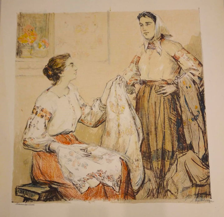 Вишивальниці. 1960 р., папір, кольорова ліногравюра; 49,4 х 49 см.