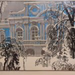 Київ. Будинок, де в 1965 р. містився ЦВК. Із серії «Поема про Київ», 1965. Папір, кольорова ліногравюра. 39,7х54